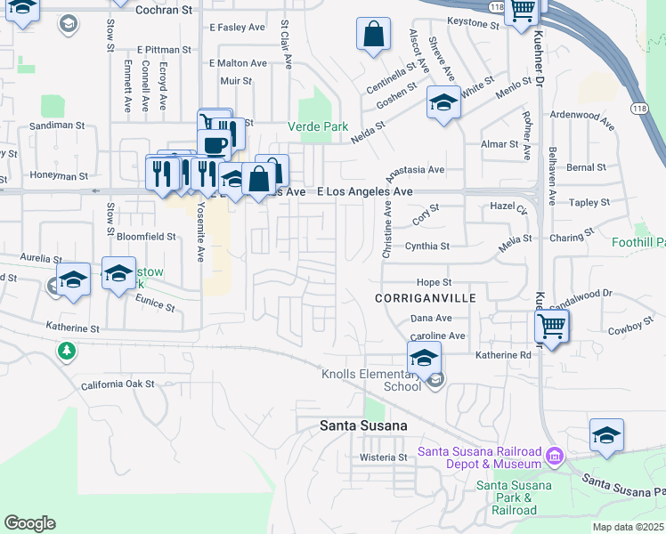 map of restaurants, bars, coffee shops, grocery stores, and more near 1550 Rory Lane in Simi Valley
