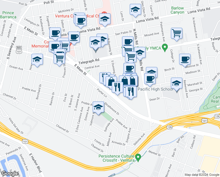 map of restaurants, bars, coffee shops, grocery stores, and more near 213 Lang Street in Ventura