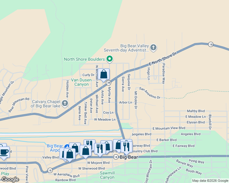 map of restaurants, bars, coffee shops, grocery stores, and more near 1033 Greenway Drive in Big Bear