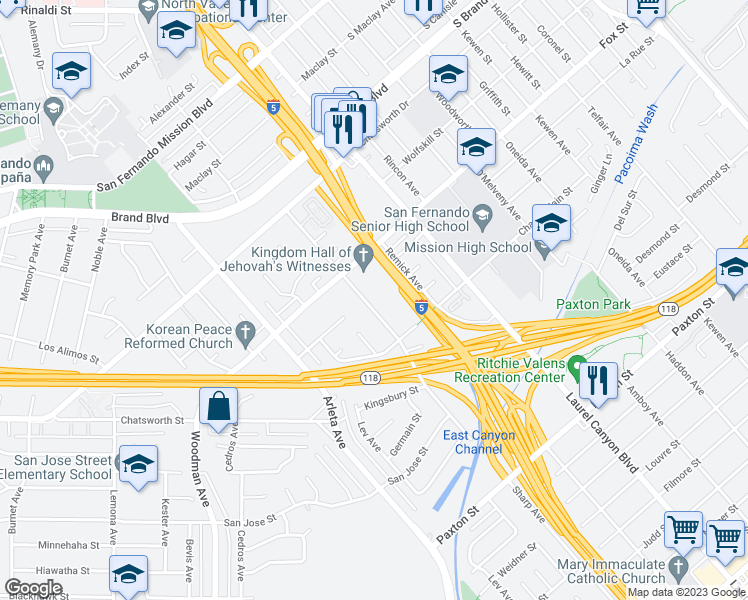 map of restaurants, bars, coffee shops, grocery stores, and more near 10924 Sharp Avenue in Los Angeles