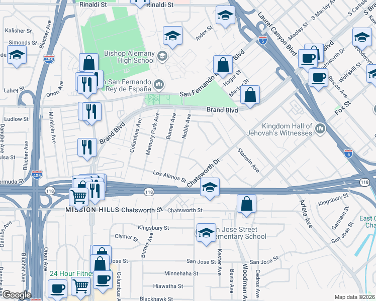 map of restaurants, bars, coffee shops, grocery stores, and more near 15007 Mankato Street in Los Angeles