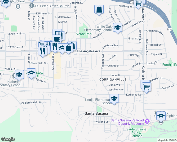 map of restaurants, bars, coffee shops, grocery stores, and more near 1550 Rory Lane in Simi Valley