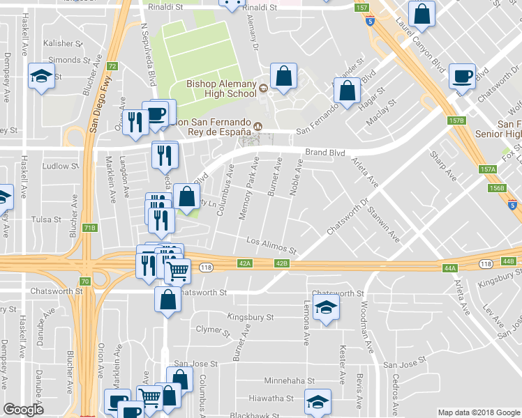 map of restaurants, bars, coffee shops, grocery stores, and more near 10955 Burnet Avenue in Los Angeles