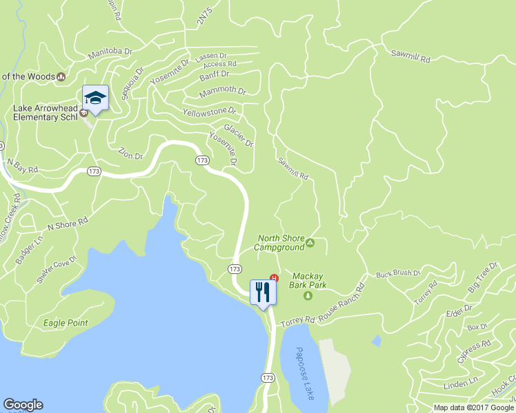 map of restaurants, bars, coffee shops, grocery stores, and more near 1063 Carousel Road in Lake Arrowhead