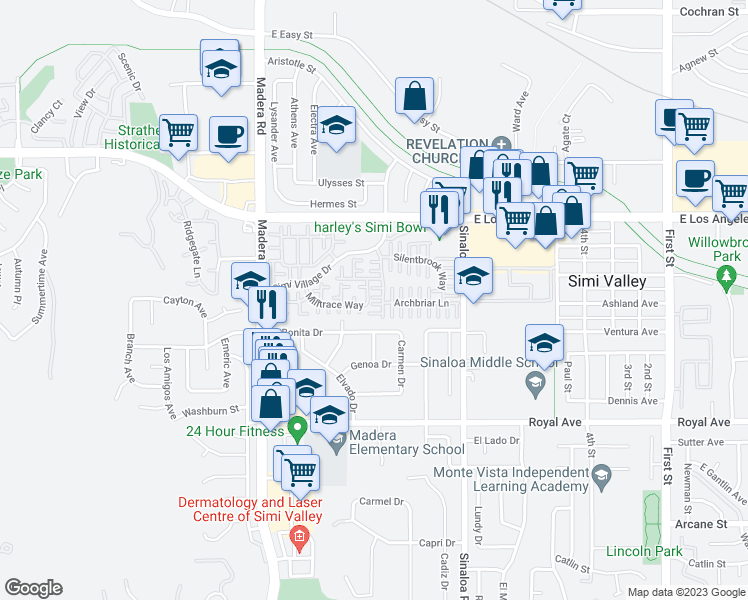 map of restaurants, bars, coffee shops, grocery stores, and more near 284 Twilight Glen Lane in Simi Valley
