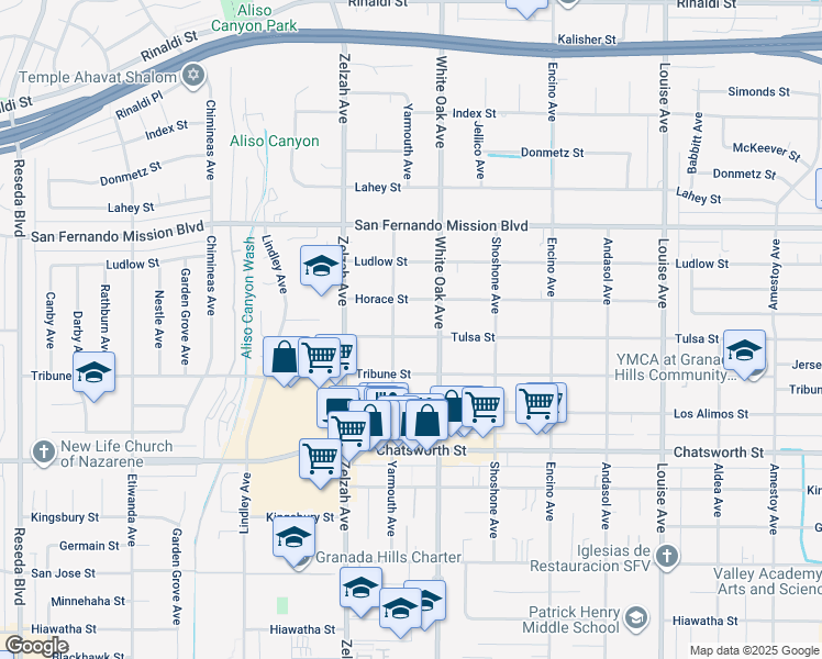 map of restaurants, bars, coffee shops, grocery stores, and more near 17727 Tulsa Street in Los Angeles