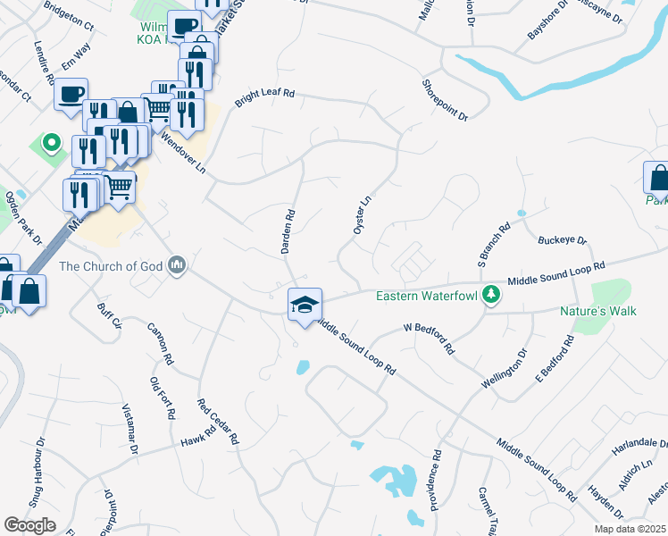 map of restaurants, bars, coffee shops, grocery stores, and more near 404 Jewell Point in Wilmington