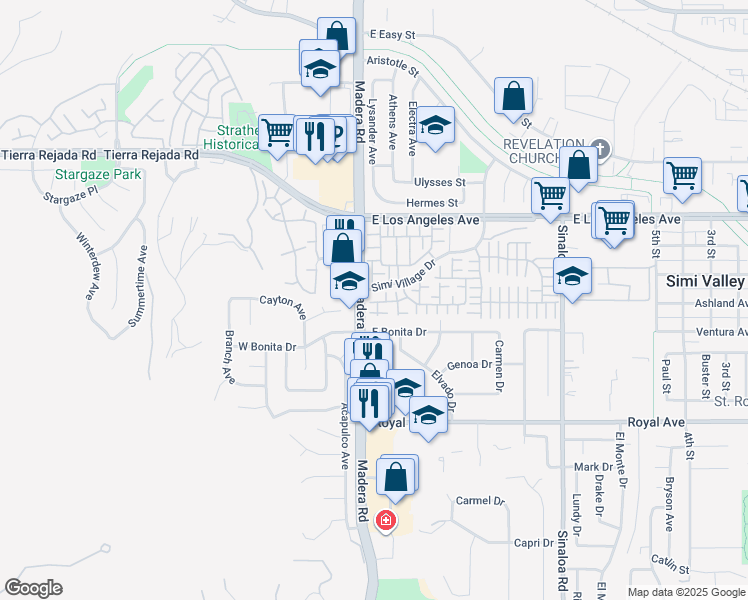 map of restaurants, bars, coffee shops, grocery stores, and more near 43 Skyflower Lane in Simi Valley