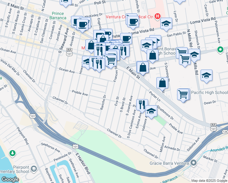 map of restaurants, bars, coffee shops, grocery stores, and more near 330 Frances Street in Ventura