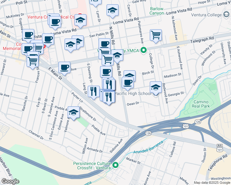 map of restaurants, bars, coffee shops, grocery stores, and more near 377 South Mills Road in Ventura
