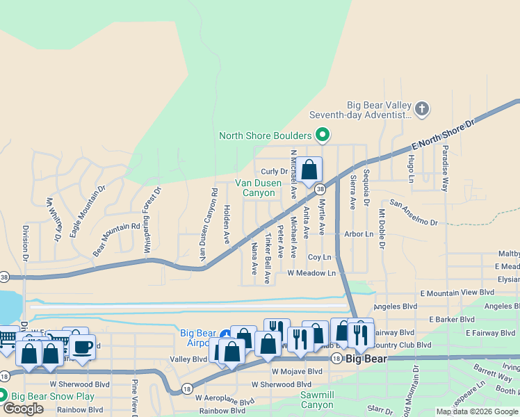 map of restaurants, bars, coffee shops, grocery stores, and more near 1016 Nana Avenue in Big Bear