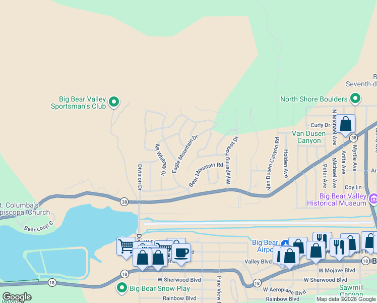 map of restaurants, bars, coffee shops, grocery stores, and more near 1060 Eagle Mountain Drive in Big Bear