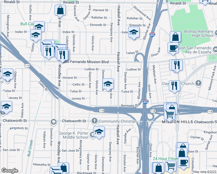 map of restaurants, bars, coffee shops, grocery stores, and more near 15898 Celtic Street in Los Angeles