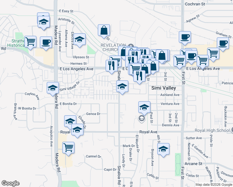 map of restaurants, bars, coffee shops, grocery stores, and more near 493 Windharp Lane in Simi Valley