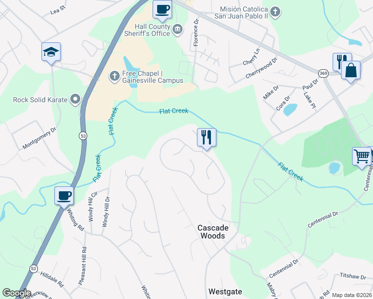 map of restaurants, bars, coffee shops, grocery stores, and more near 3125 Willow Ridge Circle Southwest in Gainesville