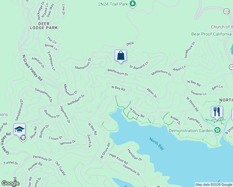 map of restaurants, bars, coffee shops, grocery stores, and more near 27614 West Shore Road in Lake Arrowhead