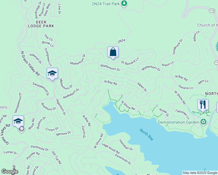 map of restaurants, bars, coffee shops, grocery stores, and more near 27622 West Shore Road in Lake Arrowhead