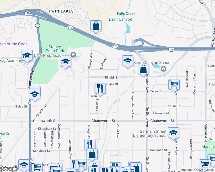 map of restaurants, bars, coffee shops, grocery stores, and more near 21200 Nashville Street in Los Angeles