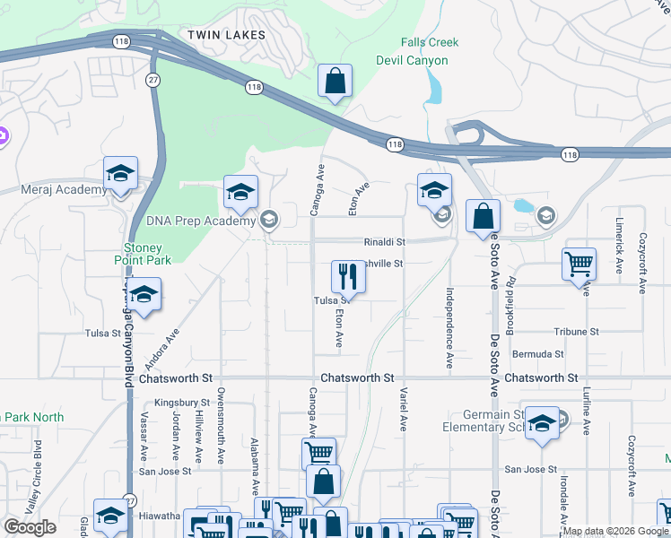 map of restaurants, bars, coffee shops, grocery stores, and more near 21316 Nashville Street in Los Angeles