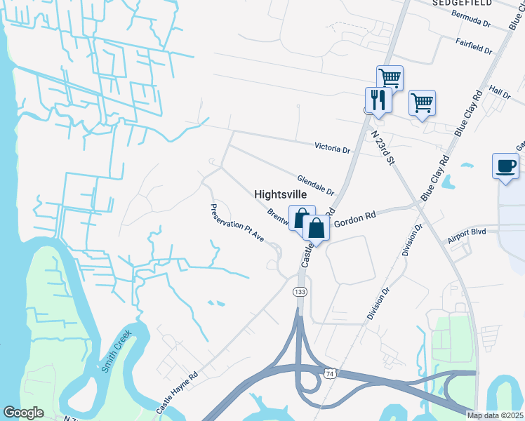 map of restaurants, bars, coffee shops, grocery stores, and more near 142 Brentwood Drive in Wilmington