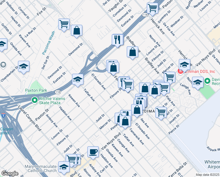 map of restaurants, bars, coffee shops, grocery stores, and more near 13537 Louvre Street in Los Angeles