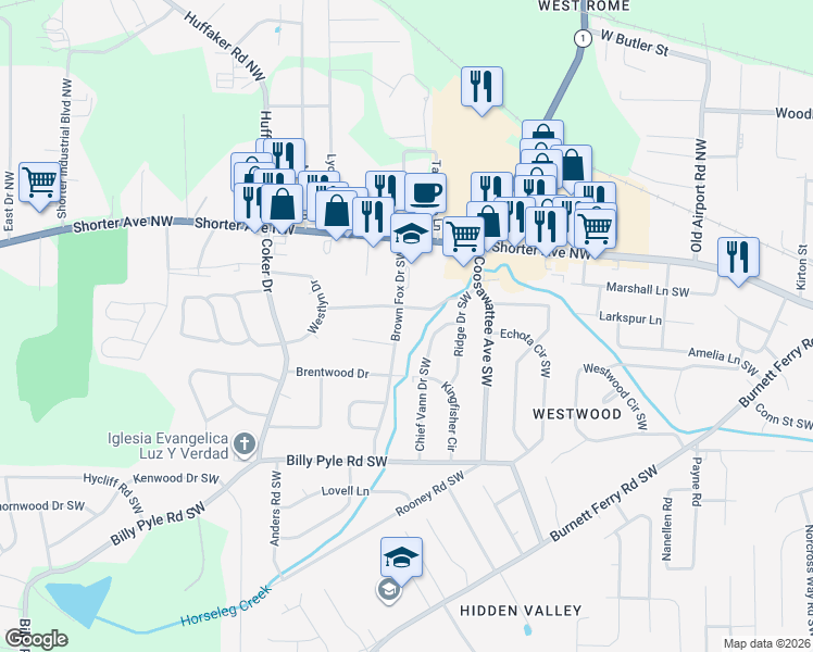 map of restaurants, bars, coffee shops, grocery stores, and more near 103 Brown Fox Drive Southwest in Rome
