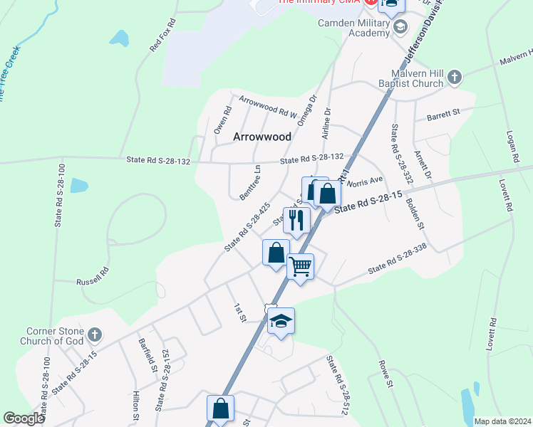 map of restaurants, bars, coffee shops, grocery stores, and more near 1908 State Road S-28-425 in Camden