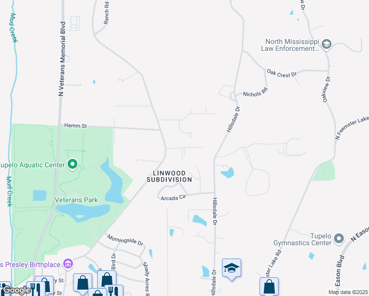 map of restaurants, bars, coffee shops, grocery stores, and more near 1648 Grandview Drive in Tupelo