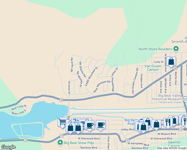 map of restaurants, bars, coffee shops, grocery stores, and more near 1060 Eagle Mountain Drive in Big Bear
