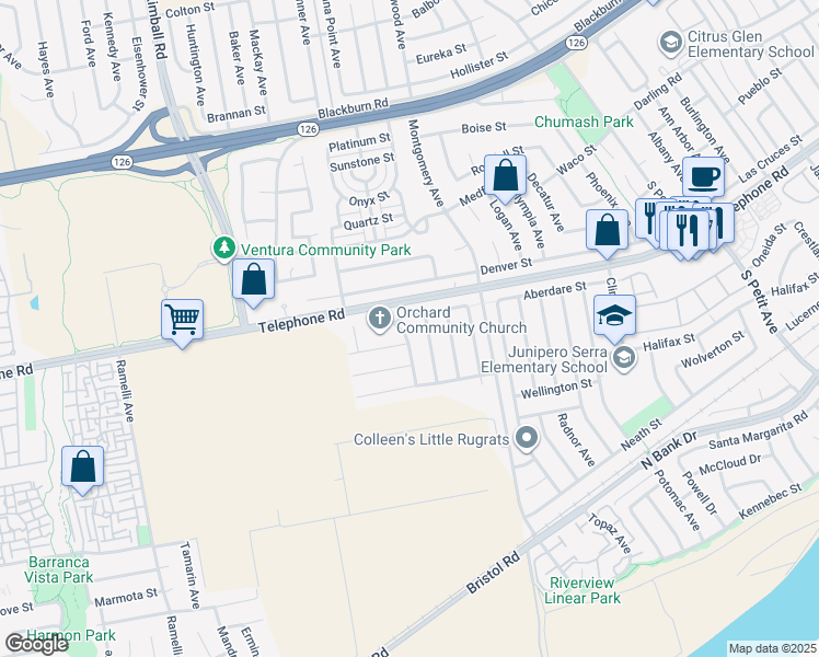 map of restaurants, bars, coffee shops, grocery stores, and more near 8280 Wabash Street in Ventura