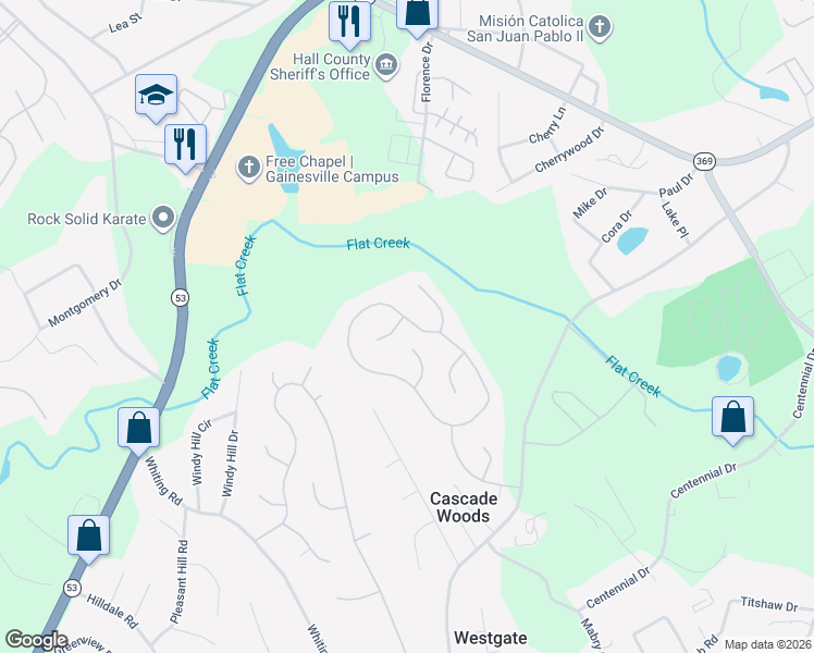 map of restaurants, bars, coffee shops, grocery stores, and more near 3125 Willow Ridge Circle Southwest in Gainesville