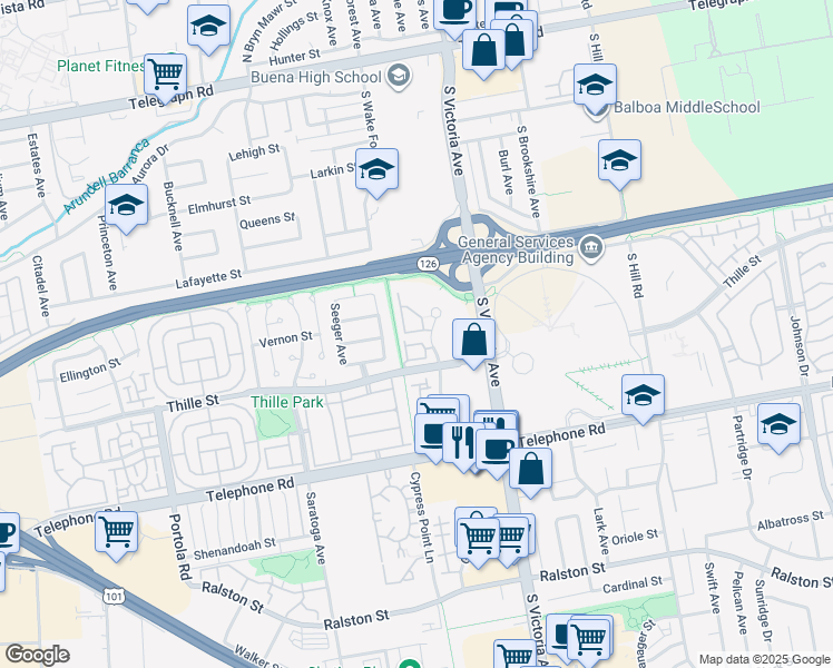 map of restaurants, bars, coffee shops, grocery stores, and more near 699 County Square Drive in Ventura