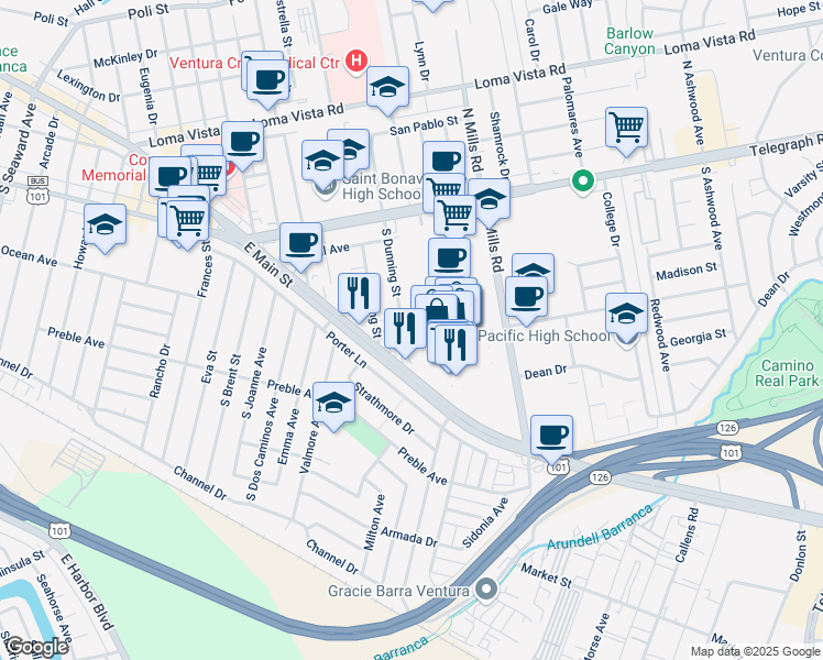 map of restaurants, bars, coffee shops, grocery stores, and more near 300 South Dunning Street in Ventura
