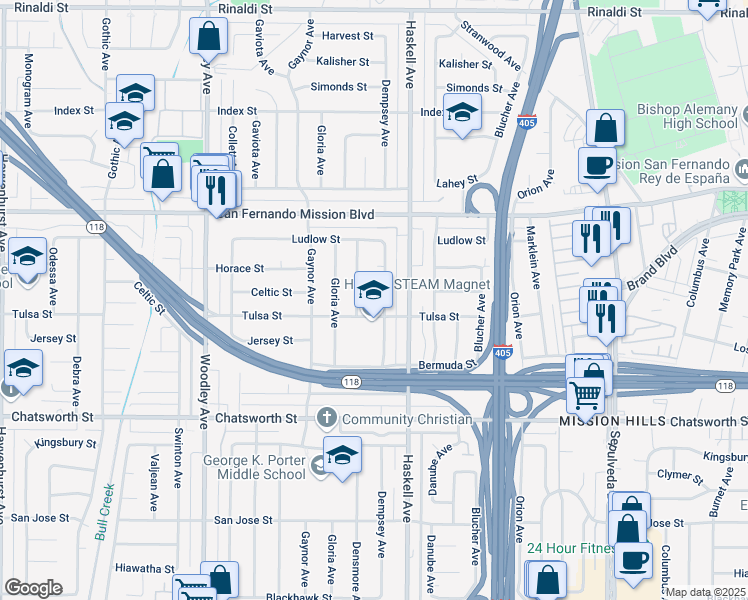 map of restaurants, bars, coffee shops, grocery stores, and more near 15836 Celtic Street in Los Angeles