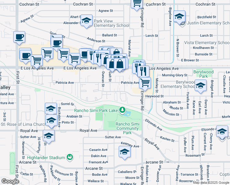 map of restaurants, bars, coffee shops, grocery stores, and more near 1740 Heywood Street in Simi Valley