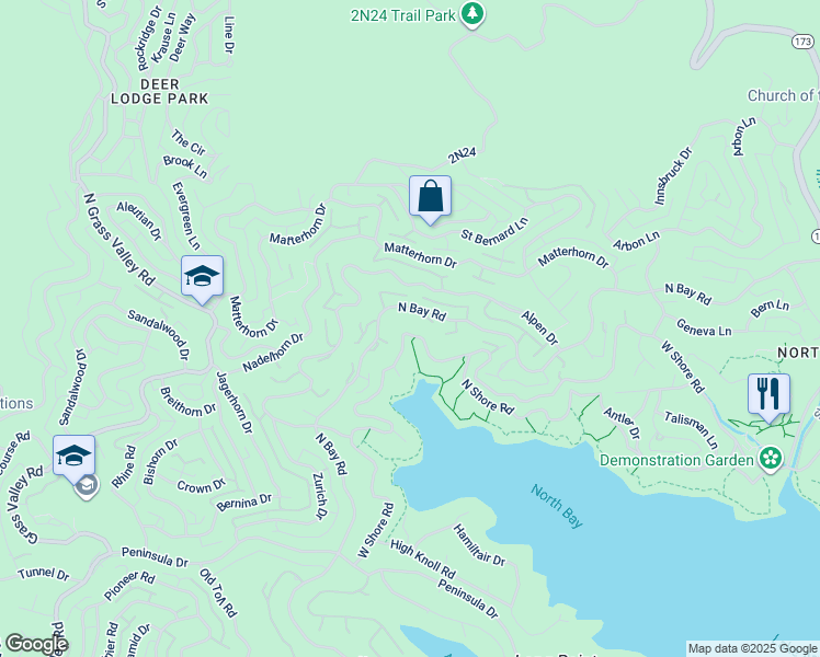 map of restaurants, bars, coffee shops, grocery stores, and more near 27618 West Shore Road in Lake Arrowhead