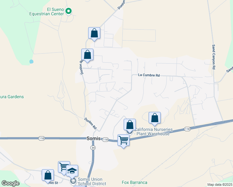 map of restaurants, bars, coffee shops, grocery stores, and more near 5645 La Cumbre Road in Somis