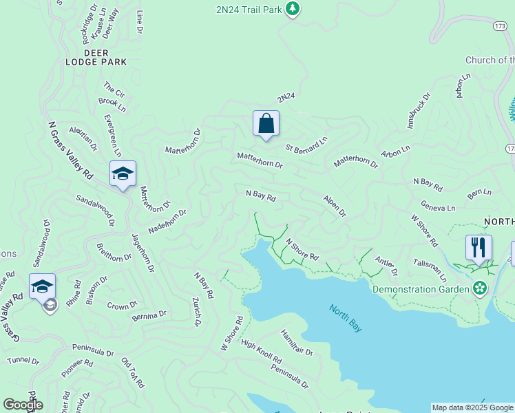 map of restaurants, bars, coffee shops, grocery stores, and more near 27622 West Shore Road in Lake Arrowhead