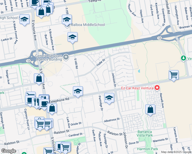 map of restaurants, bars, coffee shops, grocery stores, and more near 870 Murdoch Lane in Ventura