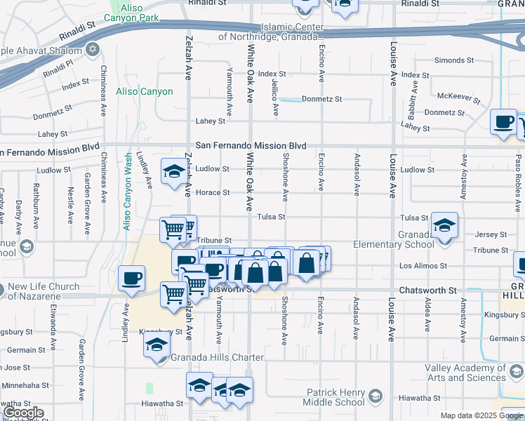map of restaurants, bars, coffee shops, grocery stores, and more near 17641 Tulsa Street in Granada Hills