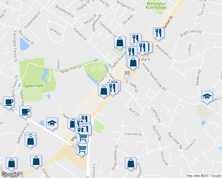 map of restaurants, bars, coffee shops, grocery stores, and more near 7043 Market Street in Wilmington