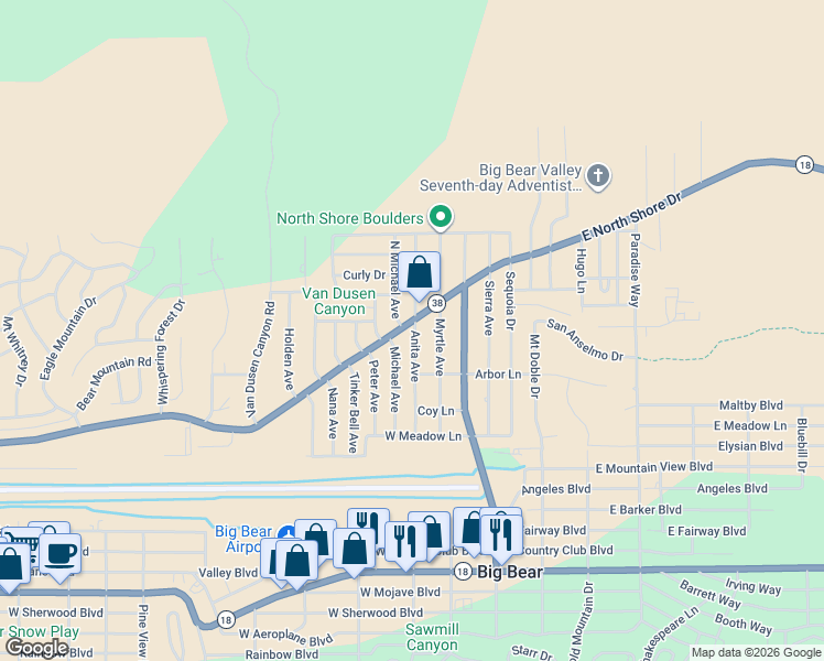 map of restaurants, bars, coffee shops, grocery stores, and more near 300 West North Shore Drive in Big Bear