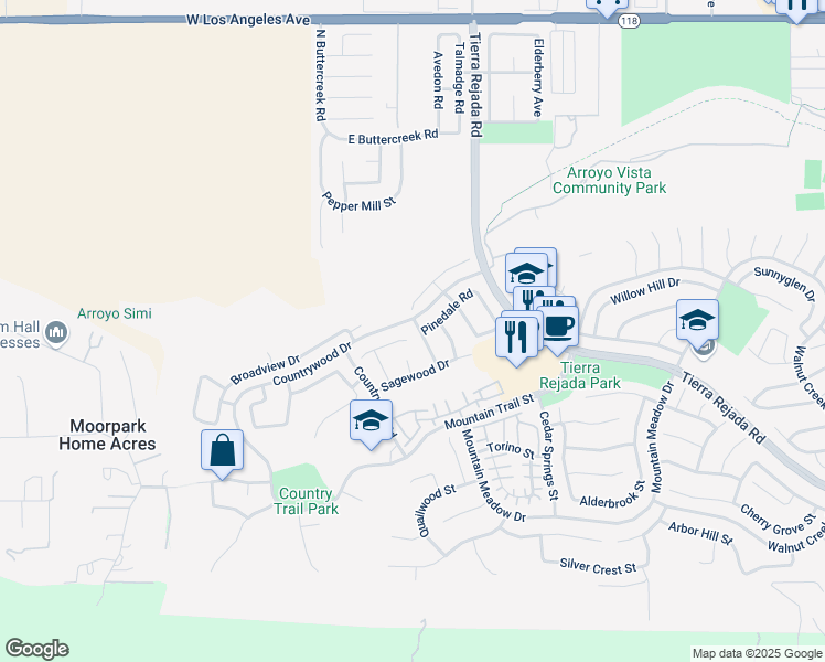 map of restaurants, bars, coffee shops, grocery stores, and more near 4395 Timberdale Road in Moorpark