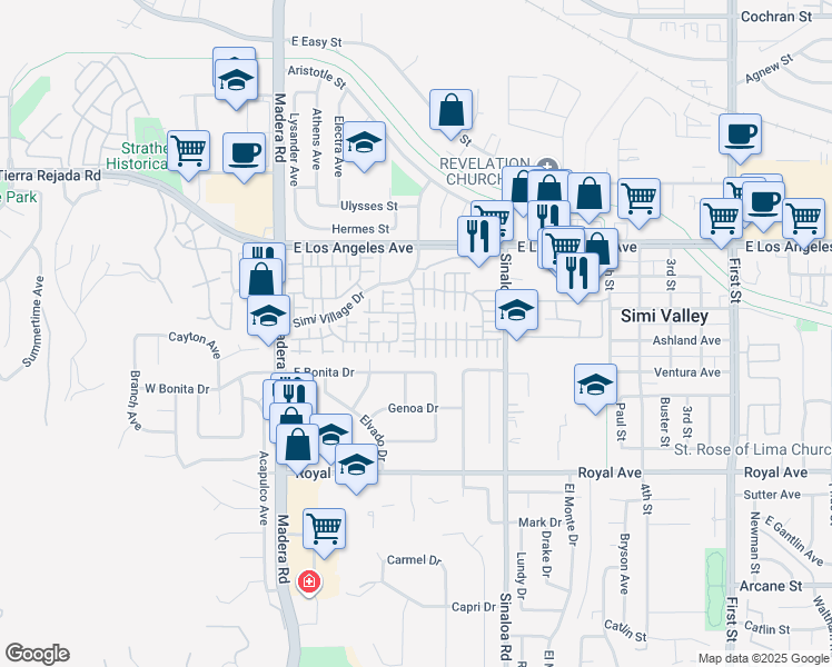 map of restaurants, bars, coffee shops, grocery stores, and more near Rush Haven Way & Twilight Glen Lane in Simi Valley