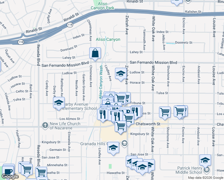 map of restaurants, bars, coffee shops, grocery stores, and more near 17962 Tulsa Place in Los Angeles