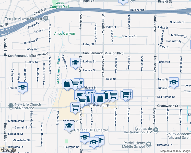 map of restaurants, bars, coffee shops, grocery stores, and more near 17733 Tulsa Street in Los Angeles