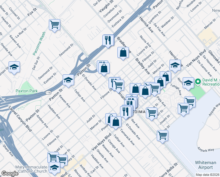 map of restaurants, bars, coffee shops, grocery stores, and more near 13447 Filmore Street in Los Angeles