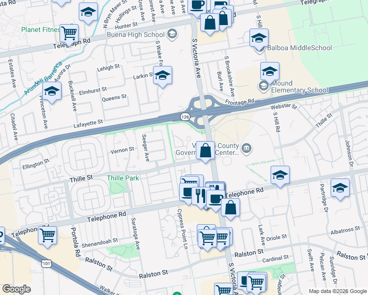 map of restaurants, bars, coffee shops, grocery stores, and more near 699 County Square Drive in Ventura