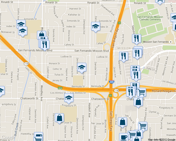 map of restaurants, bars, coffee shops, grocery stores, and more near 10923 Haskell Avenue in Los Angeles