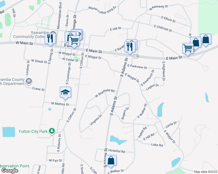 map of restaurants, bars, coffee shops, grocery stores, and more near 304 West Sheffield Road in Fulton